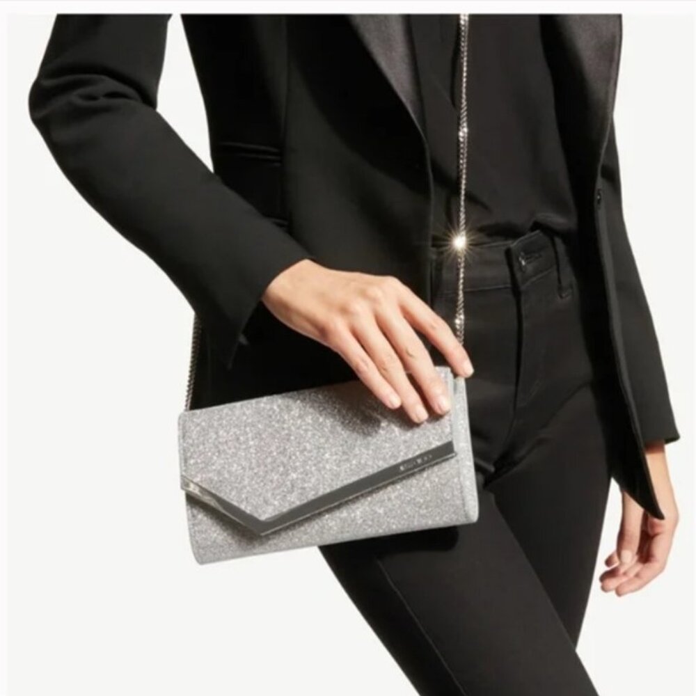 NWT. Jimmy Choo Emmie Glitter Clutch Silver